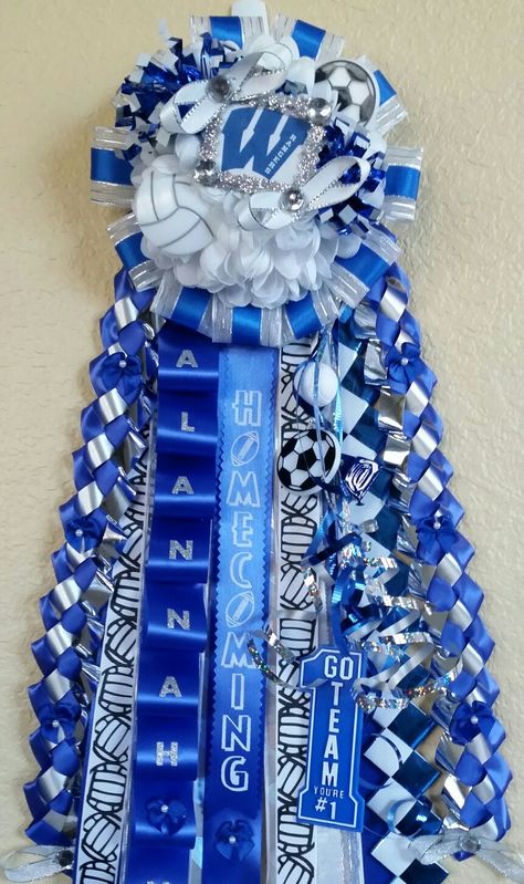 Blue And Silver Mums Homecoming, Aesthetic Homecoming Mums, Blue White And Black Homecoming Mums, Mums Blue And White, Homecoming Mum Blue And White, Homecoming Mums Blue And White, Junior Year Homecoming Mum, Blue And White Mums Homecoming, Blue And White Homecoming Mums