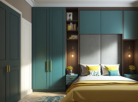 Built In Wardrobe Ideas Around Bed, Built In Wardrobe Around Bed, Fitted Wardrobe Design, Bedroom Built In Wardrobe, Bespoke Wardrobe, Teal Bedroom, Built In Bed, Wardrobe Designs, Sliding Wardrobe Doors