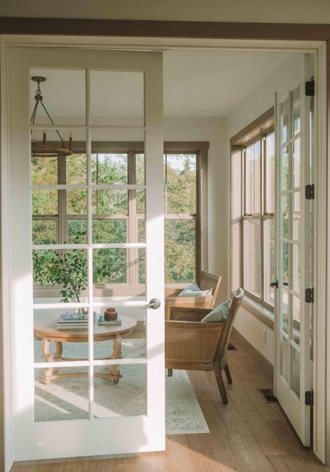 The Coziest Reading Room: Library Sunroom Reveal - MY CHIC OBSESSION Narrow Sunroom, Library Sunroom, Sunroom Decorating Ideas, Coffee Table Green, Cozy Reading Room, Taupe Trim, Sunroom Dining Room, Office Sunroom, Sunroom Inspiration