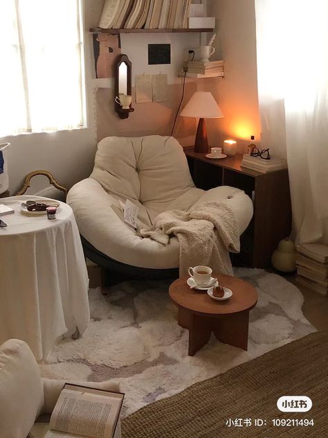 Corner Room Inspiration, Sitting Area In Bedroom Aesthetic, Sitting Area For Bedroom, Small Corner Chair Bedroom, Reading Chairs Comfy Nook, Bedroom Cozy Chair, Sofa In Bedroom Aesthetic, Reading Book In Office, Library Corner In Bedroom