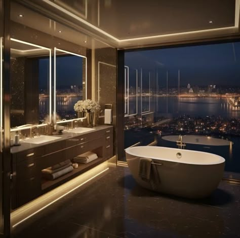 Fancy Apartment Bathroom, Fancy Hotel Bathroom, Penthouse Bathroom Luxury, Fancy Bathroom Luxury, New York Penthouse Luxury, Expensive Bathroom, Expensive Penthouse, New York Living Room, Bathroom Penthouse