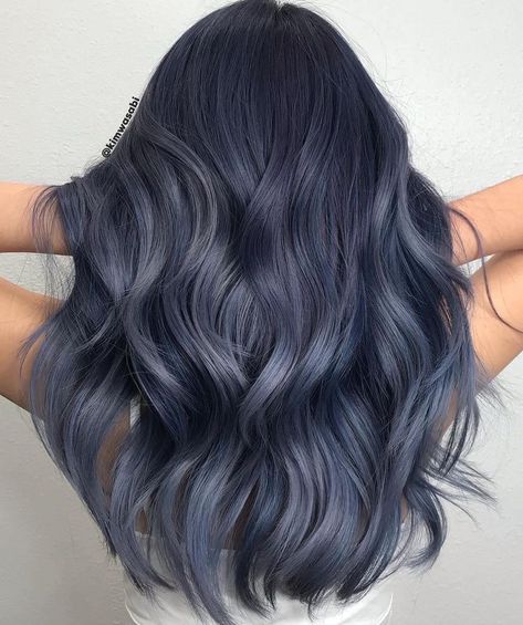 Brown And Ash Grey Hair, Smokey Blue Balayage, Grey Blue Ombre Hair, Blueish Grey Hair, Ashy Blue Hair Balayage, Smokey Navy Hair, Dark Gray Blue Hair, Blue Ash Hair Color, Dark Blue Grey Hair