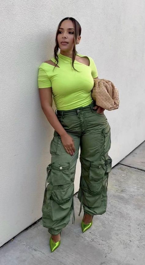 Lime Green Cargo Pants Outfit, Urban Green Cargo Jeans With Cargo Pockets, Urban Green Cargo Pants, Urban Green Cargo Jeans With Hip Pockets, Neon Green Cargo Pants, Green Hoodie Outfit, Neon Green Hoodie, Green Cargo, Yellow Crop Top