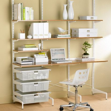 elfaFreeStudyBambooWht_x Office Wall Organization, White Office Furniture, Desk With Shelves, Elfa Shelving, Office Shelving, Office Shelf, White Office, Modular Shelving, The Container Store