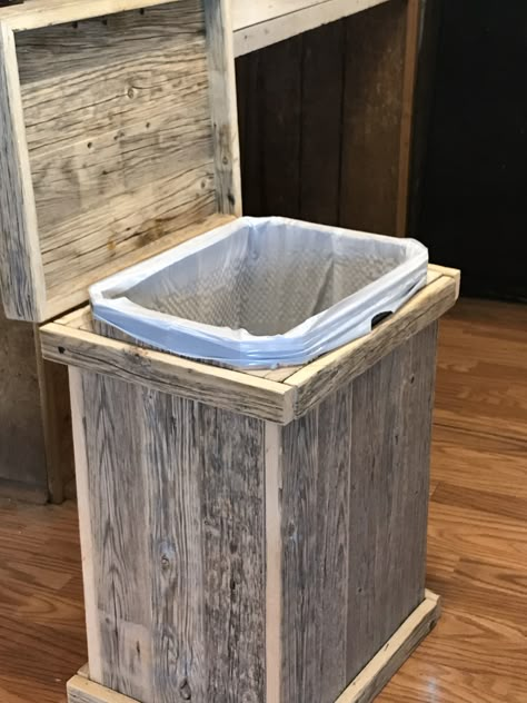 Wooden Garbage Can, Wood Garbage Can, Wooden Trash Can Holder, Diy Rustic Bathroom, Wooden Trash Can, Wood Trash Can, Hanging Wood Shelves, Farmhouse Style Dining Table, Diy Wood Stove