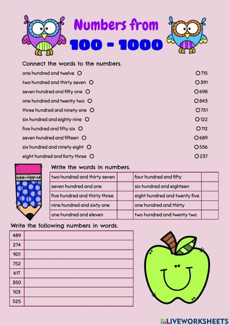 Numbers from 100 - 1000 worksheet Numbers Up To 100 Worksheets, 1 To 100 Numbers Worksheet, Big Numbers Worksheets, Write Numbers In Words Worksheet, Writing Numbers In Words, Number Words Chart, Numbers To 1000, Worksheet Numbers, Numbers In English