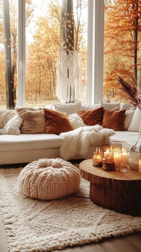 Cream Living Room, Aesthetic Window, Decorating For Fall, Decorate For Fall, Cozy Fall Decor, Classy Decor, Warm Colour Palette, Trendy Home Decor, Aesthetic Fall