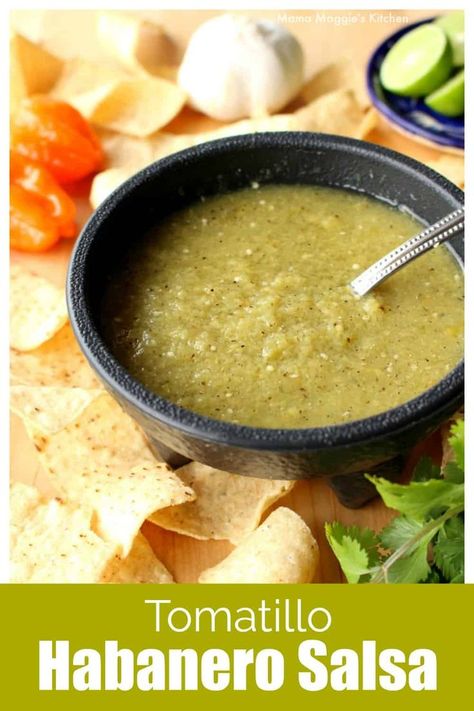 Tomatillo Habanero Salsa is just begging for chips to dip. It’s OUTRAGEOUSLY DELICIOUS and perfect as a topping on your favorite Mexican foods - tacos, burritos, tostadas, etc. Don’t worry about the heat. It’s easy to adjust without losing any of the flavor. By Mama Maggie's Kitchen Habanero Recipes, Mexican Salsa Recipes, Habanero Salsa, Tomatillo Sauce, Roasted Tomatillo, Salsa Recipes, Diy Easy Recipes, Tacos Burritos, Hot Sauces