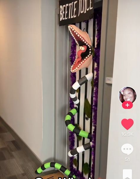 Oogie Boogie Classroom Door, Beetlejuice Door Ideas, Beatle Juice Door Decoration, Halloween Apartment Front Door Decorations, Beetlejuice Office Decorations Diy, Beetle Juice Halloween Door Decorations, Halloween Door Theme, Halloween Door Decorations Beetlejuice, Creative Halloween Door Contest Ideas