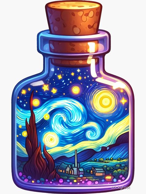 Cute Bottle Drawing, Starry Night Tattoo, Bottle Drawing, Jar Design, Scrapbook Book, Christian Stickers, Van Gogh Art, Book Art Diy, Bottle Sticker