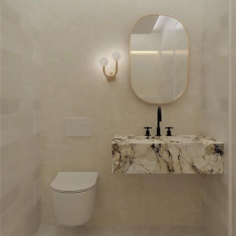 Pendant Light Powder Room, Bathroom Floating Sink, Floating Vanity Powder Room, Floating Sink Bathroom, Powder Room Toilet, Classic Powder Room, Small Powder Bathroom Ideas, Minimalist Powder Room, Floating Toilet