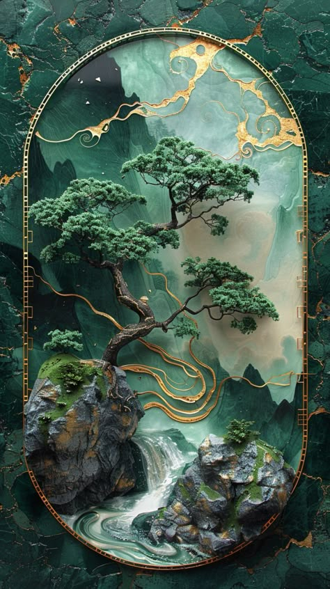 Step into a world of mesmerizing beauty with our collection of Art Nouveau and Surrealistic landscape paintings. Each piece features a stunning depiction of nature's wonders, centered around a majestic banyan tree encased in a golden circular frame. Experience the harmony of green foliage emerging from rock surfaces, adorned with Kintsugi-inspired gold accents and marble textures.  Our high-definition artworks blend emerald green waters flowing through mountains with intricate gold foil decorati Green Art Wallpaper, Surrealistic Landscape, Surrealism Landscape, Emerald Art, Circular Art, Circular Frame, Mesmerizing Beauty, Banyan Tree, Landscape Art Painting