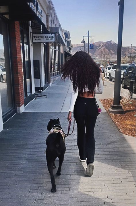 Walking A Dog Aesthetic, Walking My Dog Aesthetic, Black Women With Dogs, Service Dog Aesthetic, Cane Corso Photoshoot, Cane Corso Service Dog, Cane Corso Dog Black, Pet Aesthetic, Goals Life