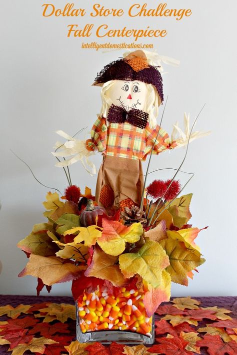 Fall Centerpiece created for the Dollar Store Fall Decor Challenge by intelligentdomestications.com Dollar Store Fall Decor, Make A Scarecrow, Centerpiece Craft, Fall Decor Dollar Tree, Dollar Tree Fall, Adornos Halloween, Fall Deco, Fall Centerpiece, Fall Decor Diy