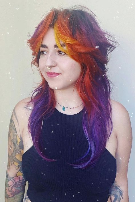 Shag Hair Cut Colourful Shag Hair, Dark Roots Vivid Hair, Rainbow Color Melt Hair, Colorful Halo Hair, Rainbow Shag Hair, Purple Shag Hair, Rainbow Split Dye, Gwen Hair, Wig Closet