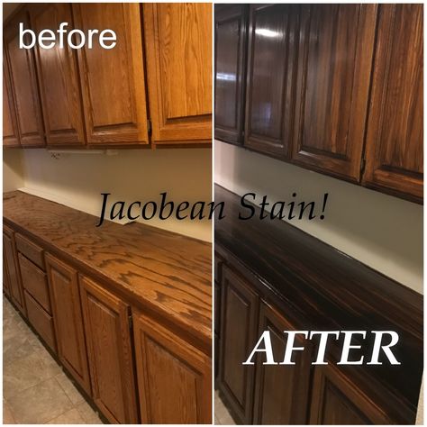 DIY stain on hall cabinets. Started with liquid sander & then stained cabinets using Minwax Jacobean. Love the darker color! Kitchen Cabinet Stain Before And After, Gel Stain Over Stained Wood Cabinets, Jacobean Kitchen Cabinets, Stain Oak Cabinets Dark, Dark Stained Oak Cabinets, How To Stain Kitchen Cabinets Darker, Dark Oak Stained Kitchen Cabinets, How To Stain Cabinets Kitchens, Diy Stained Cabinets Kitchens