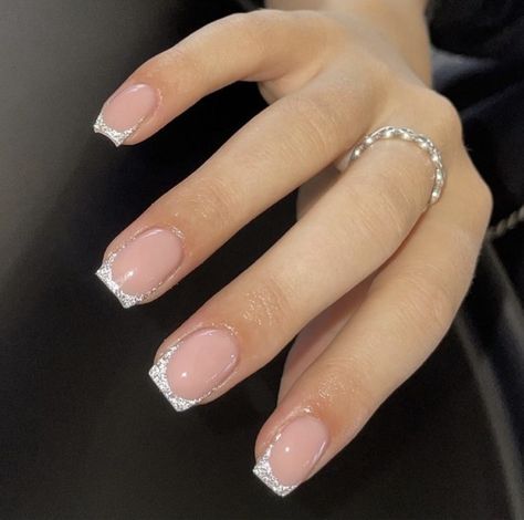 Simple Pink Nails Acrylic Short, Wedding Short Square Nails, Nail Ideas For 50 Year Olds, 30th Birthday Gel Nails, Silver Prom Nails Square, Gelish French Nails, Short Coffin French Tip Nails Ideas, Short Sparkly French Tip Acrylic Nails, Square Nails Glitter Tips