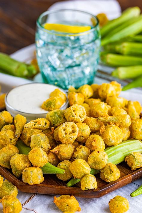 Ranch Aioli, Fried Okra Recipe, Southern Fried Okra, Cranberry Recipes Muffins, Okra Recipe, Southern Side Dishes, Fried Okra, Cheeseburger Sliders, Cranberry Orange Muffins