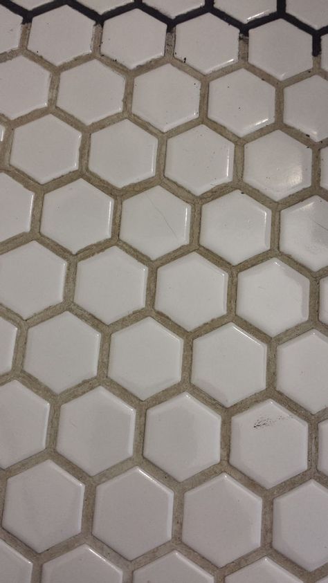 Octagon Tile Floor, White Tiles Black Grout, White Hexagon Tile Bathroom, Hex Tile Floor, Tile Grout Color, Painted Bathroom Floors, Diy Grout, Black Hexagon Tile, Bathroom Grout