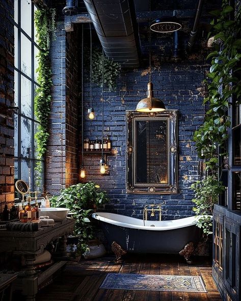 Blue Brick House, Vintage Decor Bathroom, Modern Vintage Bathroom, Gothic Bathroom, Vintage Bathroom Decor, House Flippers, Dark Home Decor, Modern Vintage Decor, Dark Home