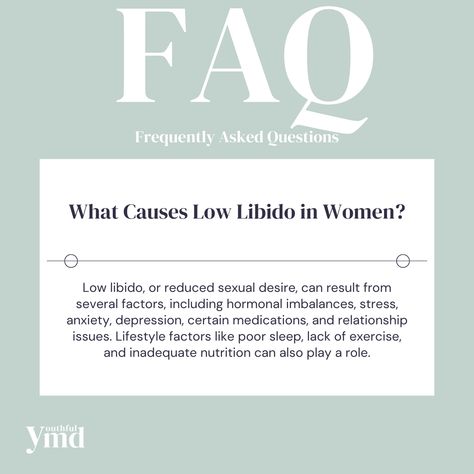 Low libido, or a reduced sexual desire, can be influenced by a variety of factors. Understanding these can help you address them and reclaim your intimate well-being.
Many women face this challenge, and there are effective ways to address it, whether through lifestyle changes, therapy, or medical intervention. 
Schedule your free consultation today:
📱 855-411-2225 
👉 Visit our website to learn more: www.youthfulmd.com.
#womenshealth #sexualwellness #hormonalbalance #mentalhealthmatters Women Face, Hormone Imbalance, Relationship Issues, Mental Health Matters, Hormone Balancing, Lifestyle Changes, Free Consultation, Womens Health, Woman Face