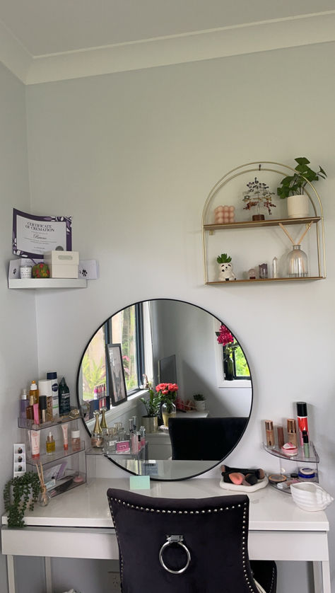 A cute and organised desk for makeup and skincare 🎀 (All stands & mirror from kmart) Desk For Makeup, Organised Desk, Stand Up Mirror, Makeup Desk, Desk Mirror, Makeup And Skincare, Standing Mirror, Cozy Room, Room Aesthetic