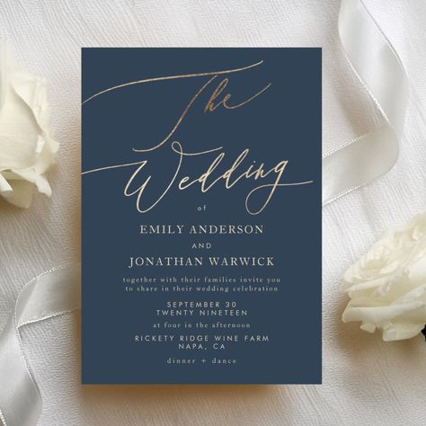 $2.30 | Navy Blue Elegant Gold The Wedding Invitation #romanticweddinginvitation #modernweddinginvitation #blackwhitegoldweddinginvitation #formalweddinginvitation #simplemodernweddinginvitation #simpleelegantweddinginvitation #modernsimplegoldcalligraphy #goldfoilweddinginvitation #navybluewhite #elegantgoldclassicwedding Elegant Navy Blue Wedding, Navy Blue Wedding Theme, Chic Invitation, Gold Foil Wedding Invitations, Navy Blue Wedding Invitations, Black And White Wedding Invitations, Navy Wedding Invitations, Simple Elegant Wedding, Formal Wedding Invitations