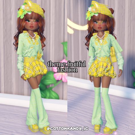 dress to impress theme fruitful fashion outfit inspo no vip Dress To Impress Fruitful Fashion, Non Vip Dress To Impress Outfits, Fruitful Fashion, Dti Theme, Vip Dress, Dti Hacks, Decal Codes, Dti Outfits, Bloxburg Decal Codes