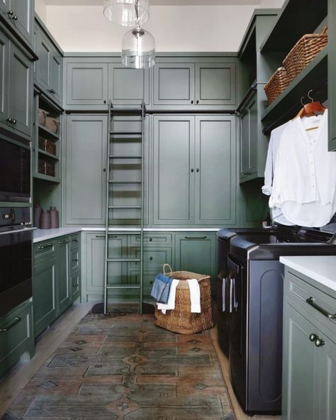 Pantry Laundry Room Combo, April Tomlin, Mudroom Paint, Mudroom Paint Color, Laundry Room Pantry, Laundry Room/mud Room, Green Laundry, Pantry Laundry Room, Southern Design