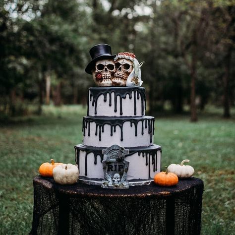 Three layered wedding cake with black dripping icing, skull toppers, pumpkin decor {Heather Kimbler Photography} Halloween Wedding Cake, Skull Wedding Cakes, Gothic Wedding Cake, Gothic Cake, Halloween Wedding Cakes, Skull Cake, Wedding Cake Pops, Skull Wedding, Birthday Cakes For Women