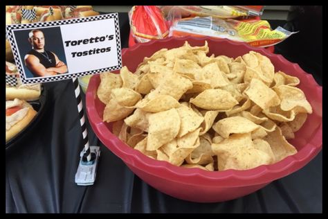 "Toretto's" tostitos for my son's Fast & Furious themed 13th birthday party! Fast And Furious Party Theme, Fast And Furious Birthday Party Ideas, Fast And Furious Party, Fast And Furious Birthday, Elephant Baby Shower Theme Girl, Two Fast Two Furious, Second Birthday Boys, 2nd Birthday Party For Boys, Movie Themed Party