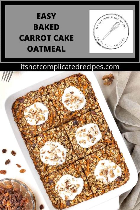 This delicious Baked Carrot Cake Oatmeal is the perfect way to start the day. It has all the flavours of carrot cake but in a healthy form. The baked oatmeal is filled with grated carrot, ground cinnamon, maple syrup and sultanas/golden raisins for natural sweetness. It is so easy to make that it’s suitable for busy weekdays but also freezes well, so is ideal to have on hand. Carrot Cake Oatmeal Bars Eating Well, Overnight Carrot Cake Oatmeal, Baked Oatmeal Recipes Carrot Cake, Carrot Cake Oatmeal Breakfast Bars, High Protein Carrot Cake Oatmeal, Morning Carrot Cake Oats, Carrot Cake Oat Bars, Vegan Carrot Cake Baked Oats, Carrot Cake Oatmeal Bars