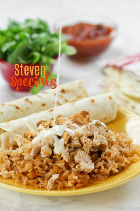 Steven Specials | confessionsofacookbookqueen.com | Bloglovin’ Steven Special Recipe, Chicken Queso, Tortilla Dough, Mexican Chicken And Rice, Authentic Mexican Recipes, Mexican Rice Recipes, Queens Food, Rice Chicken, Favorite Dinner