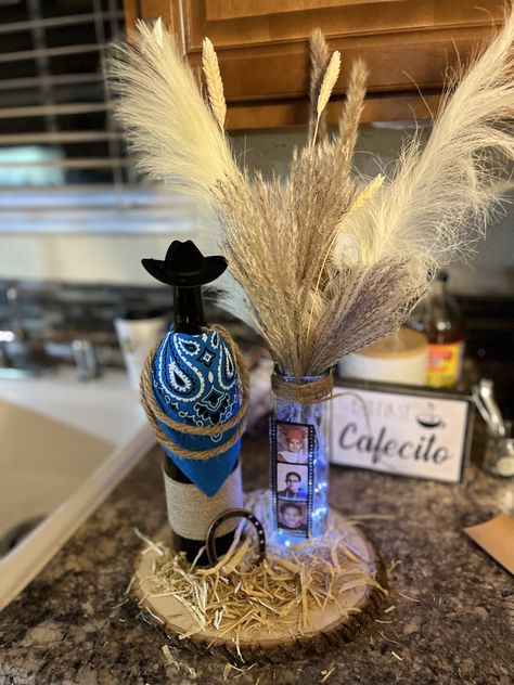 Vaquero Gift Ideas, Western 70th Birthday Party, Cowboy Mexican Theme Party, Country Themed Centerpieces, Cowboy Party Decorations For Men, Cowboys Centerpieces Ideas, Centerpieces Quinceanera Ranchero, Cowboy Centerpiece Ideas For Men, Western 50th Birthday For Men