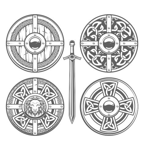 Conjunto de escudos redondos com padrão ... | Premium Vector #Freepik #vector Viking Shield Tattoo Design, Viking Shield Design, Shield Drawing, Escudo Viking, Heraldic Lion, Shield Tattoo, Viking Tattoo Symbol, Round Shield, Celtic Shield