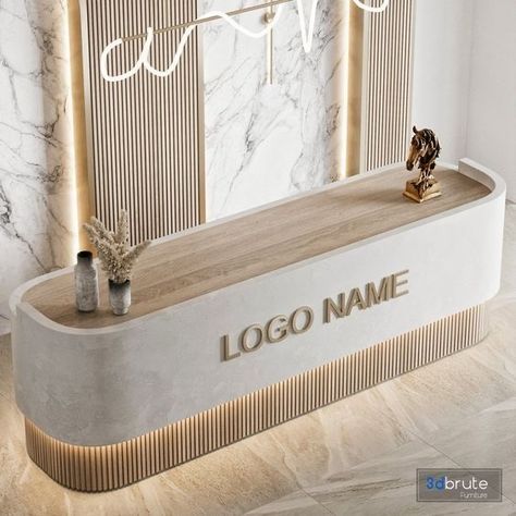 Logo On Reception Desk, Reception Tables Office, Office Reception Table Design Modern, L Shape Reception Counter Design, Luxury Salon Reception Area, Beauty Salon Counter Design, Check In Desk Design Reception Areas, Office Reception Back Wall Design, Reception Desk Back Wall Design