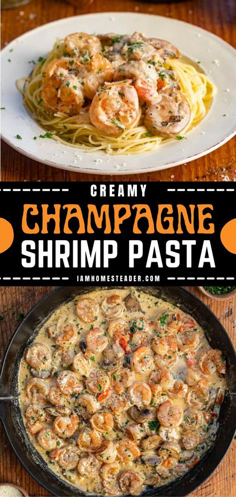 Champagne Sauce Recipe, Shrimp And Mushrooms, Shrimp Angel Hair Pasta, Champagne Sauce, Shrimp And Sausage Pasta, Angel Hair Pasta Recipes, Frozen Cooked Shrimp, Seafood Pasta Dishes, Pasta With Shrimp