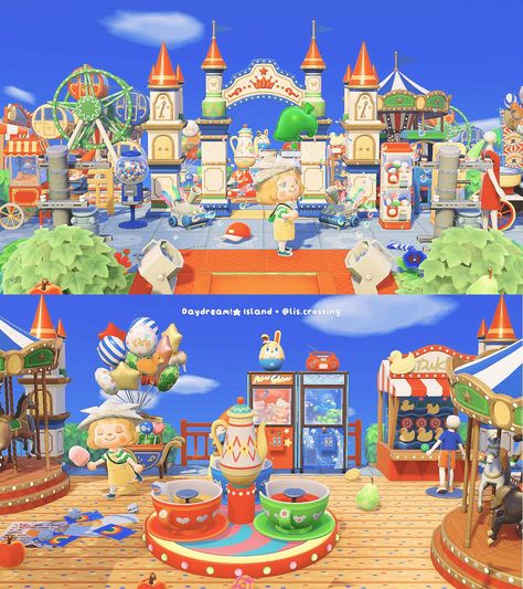 Acnh Plaza Carnival Ideas, Animal Crossing Amusement Park, Animal Crossing Amusement Park Ideas, Animal Crossing Fair, Animal Crossing Carnival Ideas, Acnh Amusement Park, Acnh Amusement Park Ideas, Acnh Theme Park, Acnh Fair