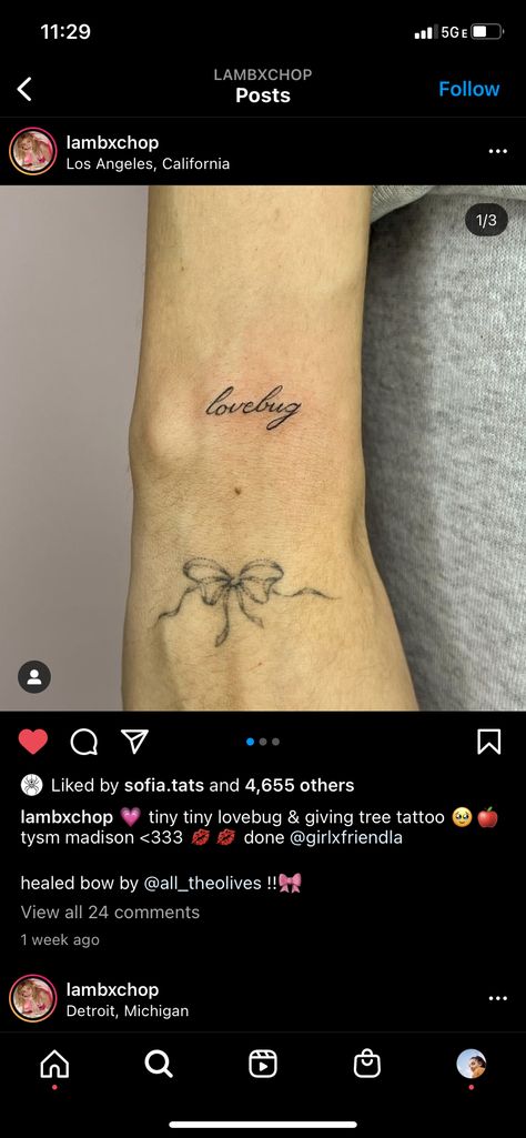 Love Bug Tattoo, Lovebug Tattoo, Giving Tree Tattoos, Tattoo Time, Word Tattoo, Bug Tattoo, Writing Tattoos, Love Bug, Time Tattoos