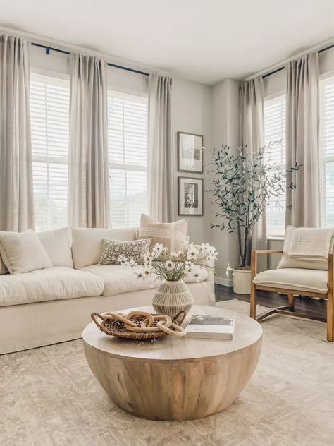 Cozy Modern Sectional, Tan House Interior, Rugs With Cream Leather Couch, Long Formal Living Room Ideas, Modern Rustic Sitting Room, Neutral Living Space, French Country Cottage Dining Room, Formal Living Room Decor Ideas, Neutral Living Room Carpet