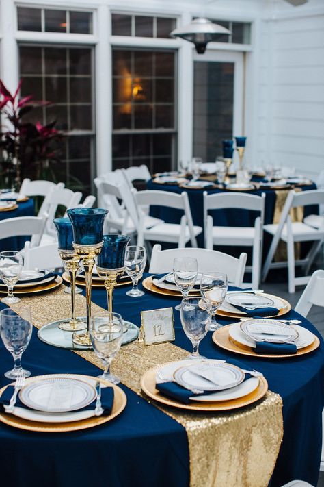 Navy Blue Wedding Ideas Decor, Dark Blue Gold And White Wedding, Navy Blue White Gold Wedding, Classic Blue And Gold Wedding, Dark Navy Blue And Gold Wedding, Wedding Centerpieces Blue And Gold, Cobalt Blue And Gold Wedding, Navy Blue And Gold 70th Birthday Party, Satin Blue Wedding Theme