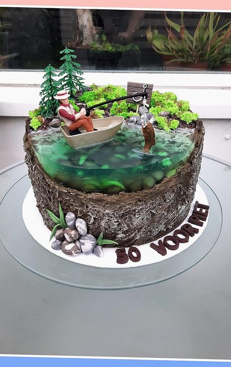 Cake For Fisherman, Cake Fisherman, River Cake, Fisherman Cake, Lake Cake, Birthday Beer Cake, Fishing Cake, Modern Birthday Cakes, Island Cake