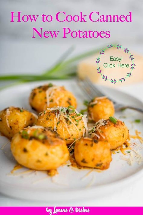 A recipe for canned new potatoes that is YUMMY!  Healthy and can be done in the crockpot, stove top, baked in the oven or roasted.  Use olive oil, sour cream, butter and spices. An easy way to use what's in your cabinet!  Ready in minutes.  Photo by Tatyana Grigoryan #cannednewpotatoes #newpotatoes #howtocookcannednewpotatoes #newpotatoesandgreenbeans  via @loavesanddishes What To Make With Canned Potatoes, Canned White Potatoes Recipes, Crockpot Canned Potatoes, Canned Potatoes In Oven, What To Do With Canned Potatoes, How To Cook Canned Potatoes, Whole Canned Potatoes Recipes, Canned Whole Potatoes Recipes, Recipes With Canned Potatoes