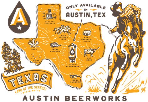 Austin Beerworks — Alana Louise Texas Illustration, Kitchen Mural, Illustrated Logo, Map Of Texas, Graphic Design Letters, Map Illustration, Marketing Logo, Retro Logos, Vintage Graphic Design