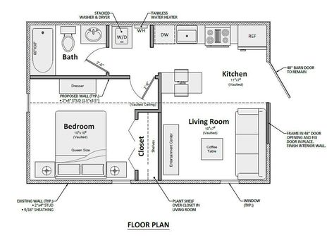 16'x24' Shed to Cabin Conversion : An ideal design to convert your basic shed into a finished structure that would be perfect for a hunting cabin, in-law quarters/guest house, or rental. 1 bedroom / 1 bathroom = 384 square feet. Downloadable Plan contains dimensions for the placement of proposed walls and doors. DISCLAIMER: These plans were created by a designer and not certified by any Registered Architect or Engineer. It is the responsibility of the builder to ensure that all work is in accord 20x24 House Plans, 15x25 House Plans, 12x28 Tiny House Floor Plans, 16x24 Cabin, Shed To Tiny House Floor Plans, Shed To Cabin, Tiny Cottage Plans, Adu Conversion, Shed To Cabin Conversion