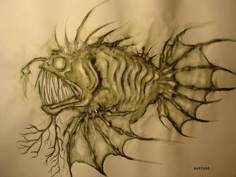 Fish Simple Drawing, Deep Sea Creatures Art, Angler Fish Tattoo, Scary Fish, Fish Sketch, Sea Creatures Art, Pen Work, Scary Drawings, Deep Sea Creatures