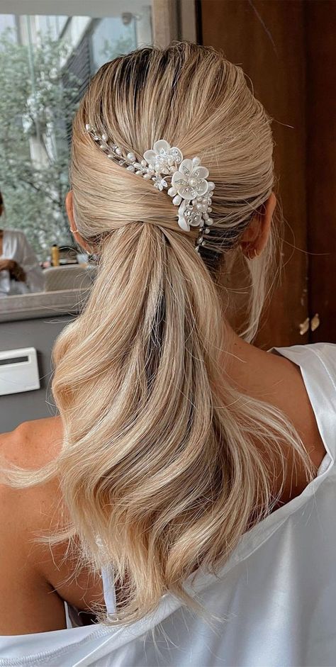 Ponytail Bridal Hair, Low Pony Hairstyles, Wedding Ponytail Hairstyles, Bridal Ponytail, Wedding Ponytail, Pony Hairstyles, Formal Hairstyles For Long Hair, Elegant Ponytail, Hair Color Caramel