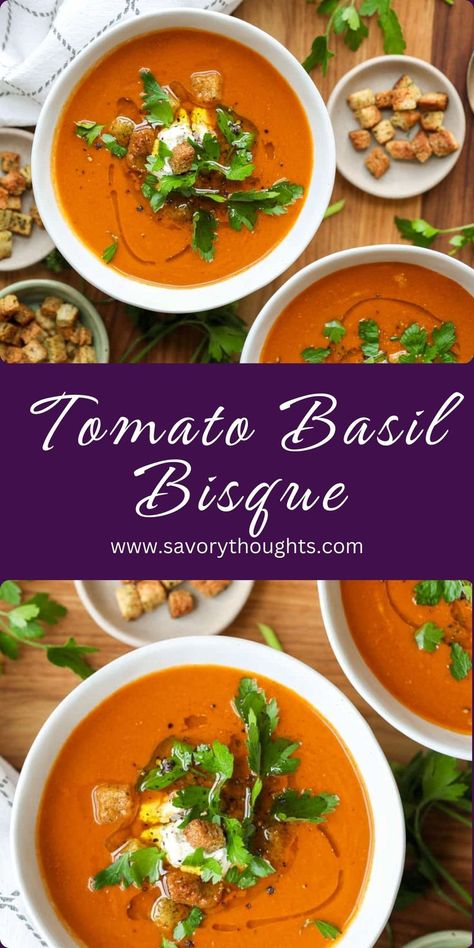 Tomato Basil Bisque in two bowls. Tomato Basil Bisque, Tomato Bisque Soup, Vegan Thanksgiving Dinner, Easy Cheap Dinner Recipes, Tomato Basil Soup Recipe, Bisque Soup, Quick Pasta Recipes, Bisque Recipe, Tomato Bisque