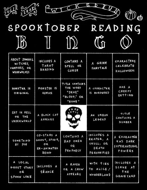 Julie Israel Reading Marathon Ideas, October Reading Challenge, Halloween Reading List, Bookish Printables, Bookish Ideas, Reading Prompts, Library Halloween, Book Bingo, October Writing