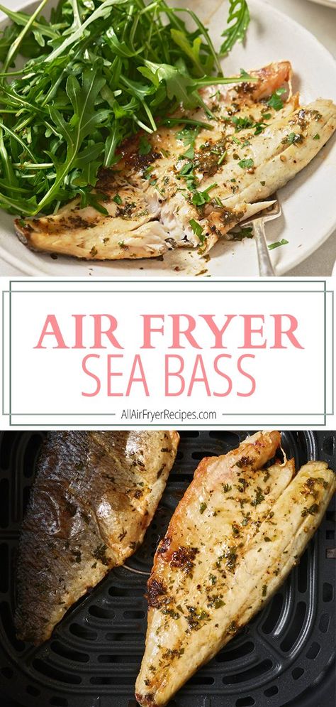 air fryer sea bass on a plate and in an air fryer basket Chilean Seabass Airfryer, Seabass Recipe Airfryer, Cook Fish In Air Fryer, Sea Bass Air Fryer Recipes, Fish Recipes Air Fryer, Fish In Air Fryer, Cooking Sea Bass, Homemade Slaw, Sea Bass Recipes